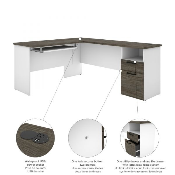 Bestar Norma L-Shaped Desk With Hutch - Walnut Grey & White