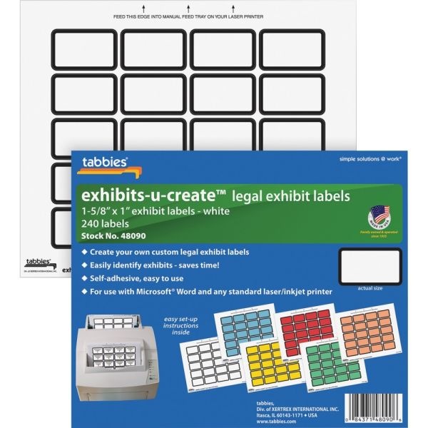 Tabbies Legal Exhibits-U-Create 1" Labels 1 5/8"W X 1"L, Laser, White, 20 Per Sheet, Pack Of 240