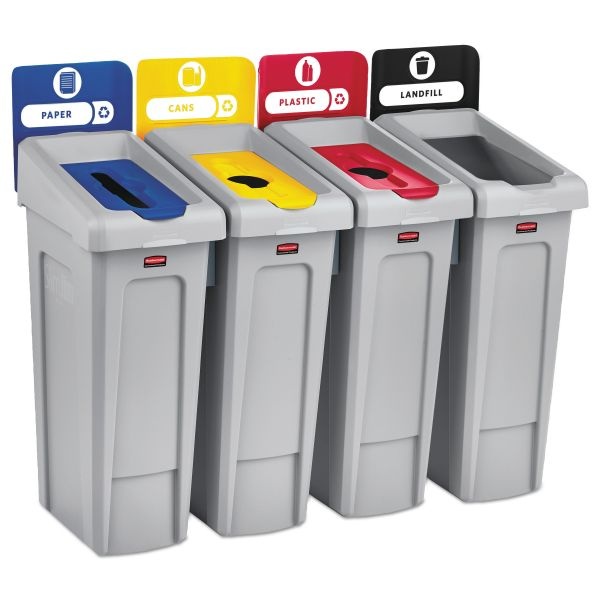 Rubbermaid Commercial Slim Jim Recycling Station Kit, 92 Gal, 4-Stream Landfill/Paper/Plastic/Cans