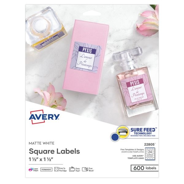 Avery Printable Blank Labels, 22805, Square, 1.5" X 1.5", White, Pack Of 600