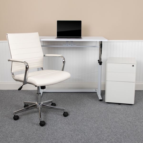Stiles Work From Home Kit - White Adjustable Computer Desk, Leathersoft Office Chair And Side Handle Locking Mobile Filing Cabinet