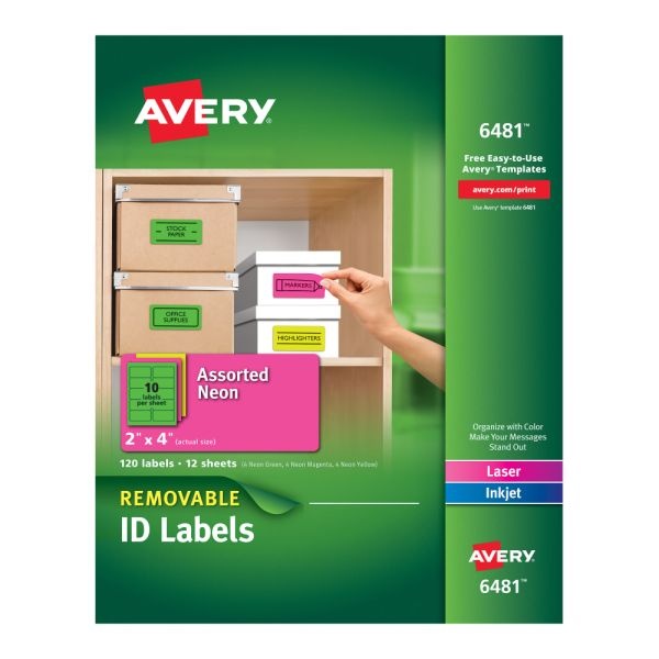 Avery Removable Laser/Inkjet Organization Labels, 6481, 2" X 4", Assorted Colors, Pack Of 120