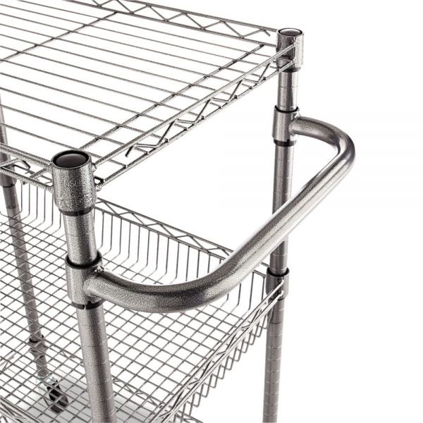 Alera Three-Tier Wire Cart With Basket, Metal, 2 Shelves, 1 Bin, 500 Lb Capacity, 28" X 16" X 39", Black Anthracite