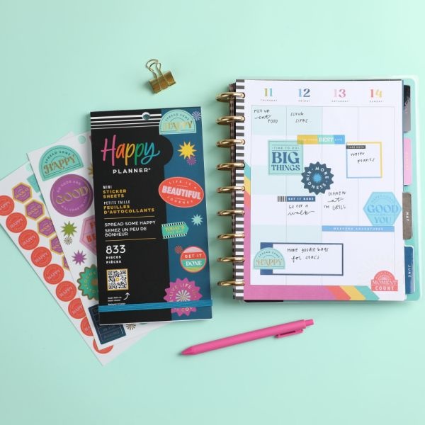 Happy Planner Spread Some Happy Mini Planner Stickers, 9"H X 4-3/4"W X 1/4"D, Assorted Colors, Pack Of 833 Stickers