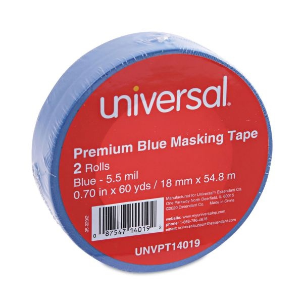 Universal Premium Blue Masking Tape With Uv Resistance, 3" Core, 18 Mm X 54.8 M, Blue, 2/Pack