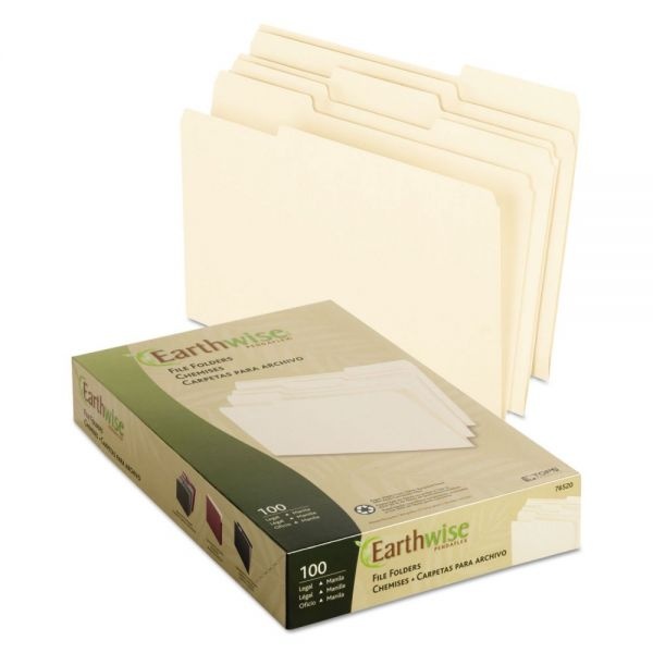Pendaflex Earthwise By Pendaflex 100% Recycled Manila File Folder, 1/3-Cut Tabs: Assorted, Legal Size, 0.75" Expansion, Manila, 100/Box