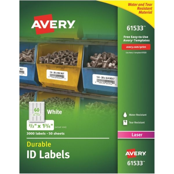 Avery Durable Permanent Id Labels With Trueblock Technology, Laser Printers, 0.66 X 1.75, White, 60/Sheet, 50 Sheets/Pack