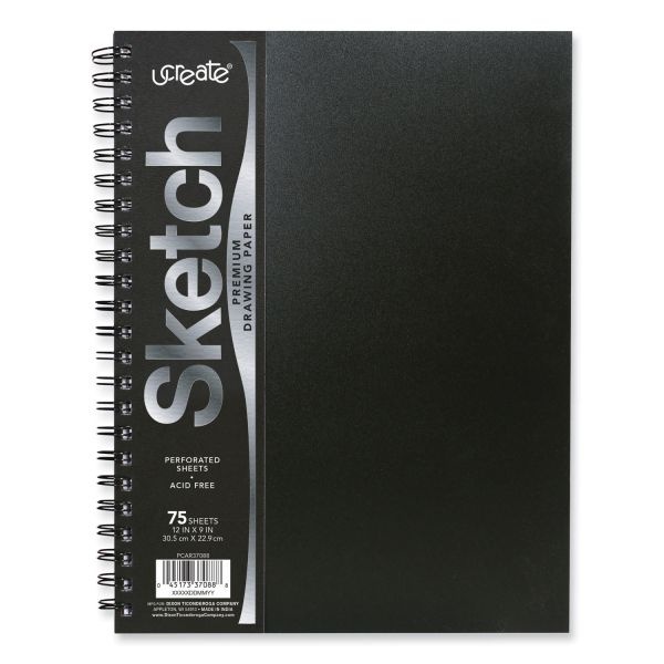 Pacon Ucreate Poly Cover Sketch Book, 43 Lb Cover Paper Stock, Black Cover, 75 Sheets Per Book, 12 X 9 Sheets