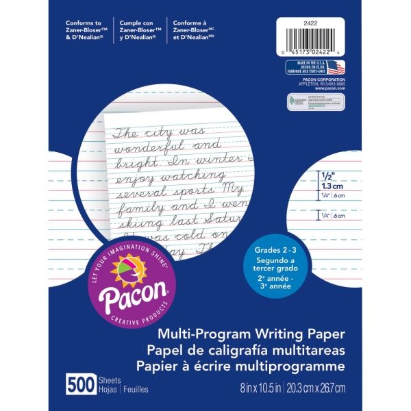 Pacon Multi-Program Handwriting Papers, Grade 2-3, 8" X 10 1/2", Pack Of 500 Sheets