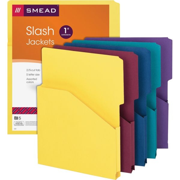 Smead Expanding Slash Jackets, 1" Expansion, Letter Size, Assorted Colors, Pack Of 5