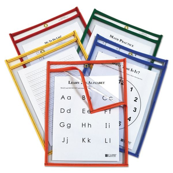 C-Line Reusable Dry Erase Pockets, Easy Load, 9 X 12, Assorted Primary Colors, 25/Pack