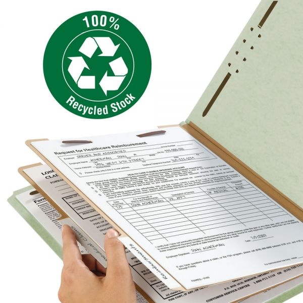 Smead Recycled Pressboard Classification Folders, 2" Expansion, 2 Dividers, 6 Fasteners, Legal Size, Gray-Green, 10/Box