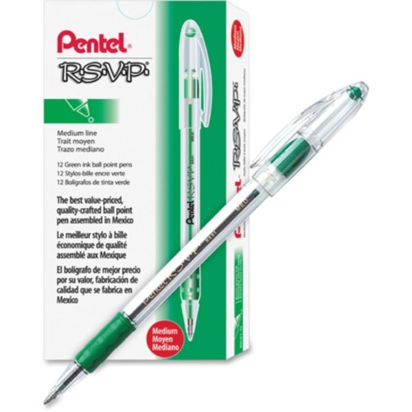Pentel R.S.V.P. Ballpoint Pens, Medium Point, 1.0 Mm, Clear Barrel, Green Ink, Pack Of 12
