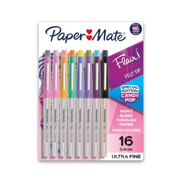 Paper Mate Flair Felt-Tip Pens, Ultra Fine Point, 0.4 Mm, Gray Barrel, Assorted Ink, Pack Of 16
