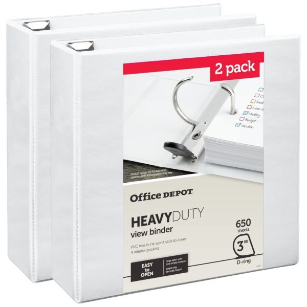 Heavy-Duty View 3-Ring Binder, 3" D-Rings, White, 49% Recycled, Pack Of 2