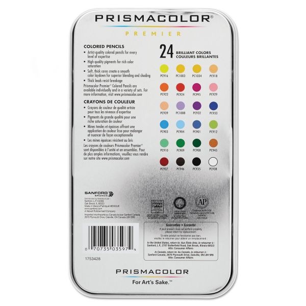Prismacolor Premier Colored Pencil, 3 Mm, 2B (#1), Assorted Lead/Barrel Colors, 24/Pack