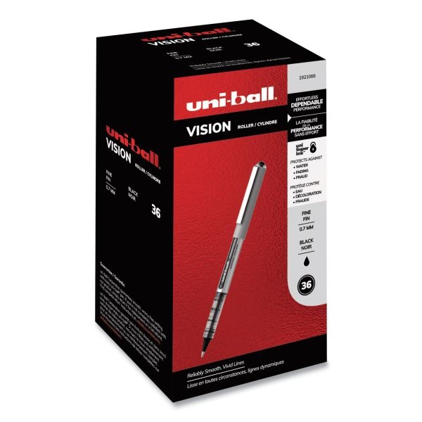 Uniball Vision Roller Ball Pen, Stick, Fine 0.7 Mm, Black Ink, Silver/Black/Clear Barrel, 36/Pack