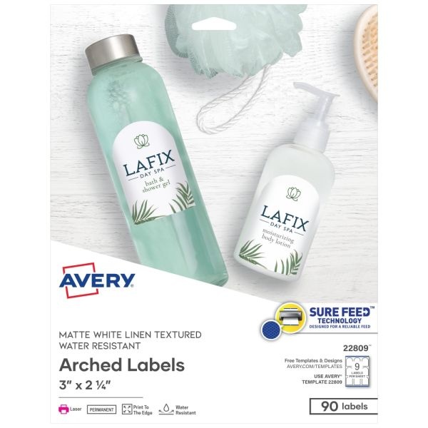 Avery Easy Peel Print-To-The-Edge Permanent Textured Arched Labels, 22809, 2 1/4" X 3", 100% Recycled, White, Pack Of 90