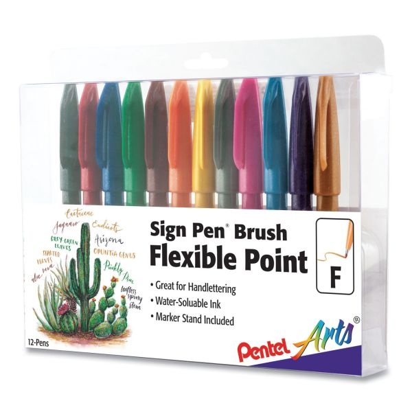 Pentel Arts Sign Pen Brush Flexible Point Marker Pen, Fine Brush Tip, Assorted Colors, Dozen