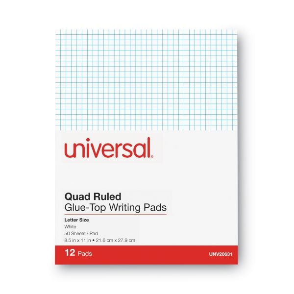Universal Economy Ruled Writing Pads, Quadrille, 8 1/2" X 11 3/4", White,50 Sheets,1 Dozen