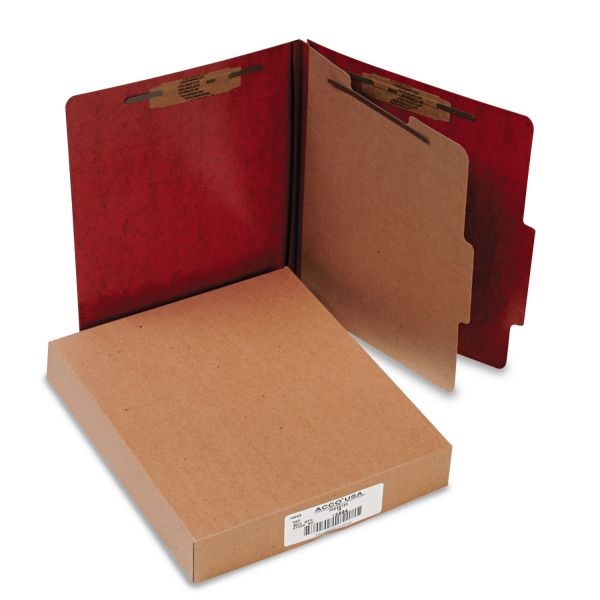 Acco 20 Pt. Presstex Classification Folders, 2" Expansion, 1 Divider, 4 Fasteners, Letter Size, Red Exterior, 10/Box