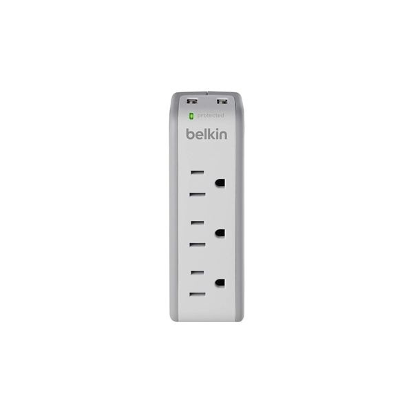Belkin Wall Mount Surge Protector, 3 Outlets/2 Usb Ports, 918 Joules, Gray/White
