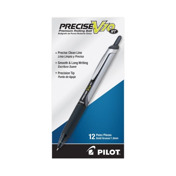 Pilot Precise V10rt Roller Ball Pen, Retractable, Bold 1 Mm, Black Ink, Black Barrel, Dozen
