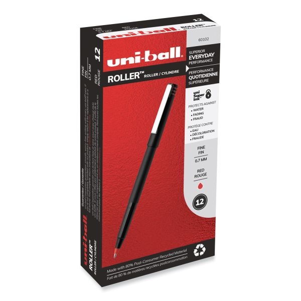 Uniball Roller Ball Pen, Stick, Fine 0.7 Mm, Red Ink, Black/Red Barrel, Dozen