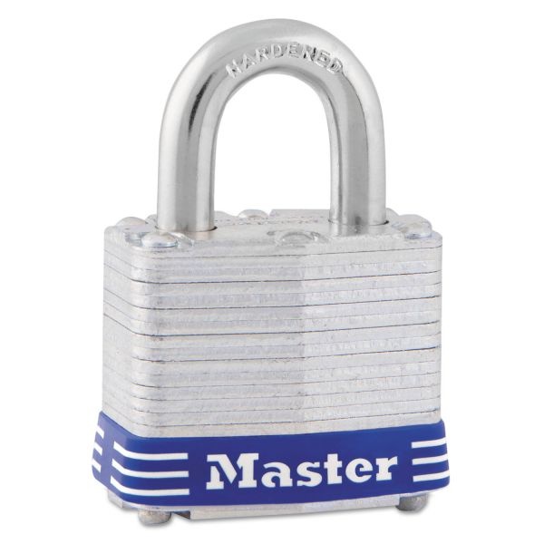 Master Lock Four-Pin Tumbler Laminated Steel Lock, 2" Wide, Silver/Blue, Two Keys