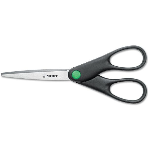 Westcott Kleenearth Scissors, Pointed Tip, 7" Long, 2.75" Cut Length, Black Straight Handle
