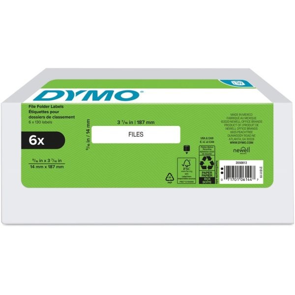 Dymo 1-Up File Folder Labels For Labelwriter Label Printers, 9/16" X 3 7/16", White, 130 Labels Per Roll, Pack Of 6 Rolls