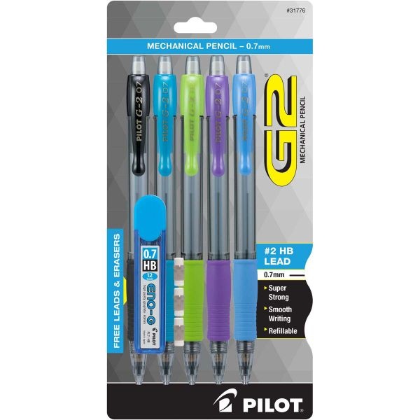 Pilot G2 Mechanical Pencils W/Lead & Erasers .7Mm 5/Pkg