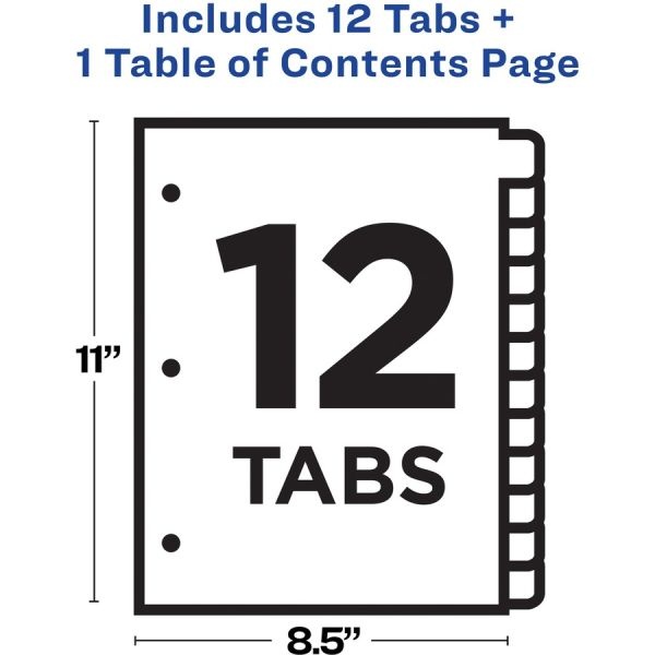 Avery Ready Index 1-12 Tab With Customizable Table Of Contents Binder Dividers, 8-1/2" X 11", 12 Tab, Multicolor, 1 Set