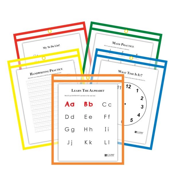 C-Line Reusable Dry Erase Pockets, 9 X 12, Assorted Primary Colors, 25/Box