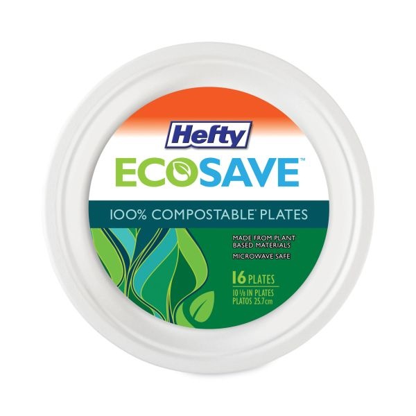 Hefty Ecosave Tableware, Plate, Bagasse, 6.75" Dia, White, 30/Pack, 12 Packs/Carton