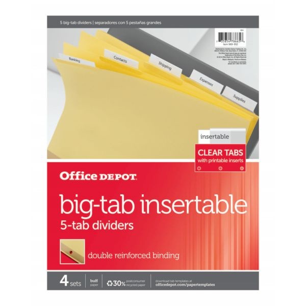 Insertable Dividers With Big Tabs, Buff, Clear Tabs, 5-Tab, Pack Of 4 Sets