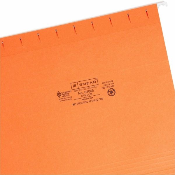 Smead Hanging File Folders, 1/5-Cut Adjustable Tab, Letter Size, Orange, Box Of 25