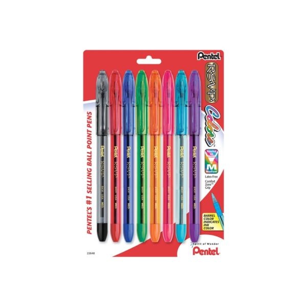Pentel R.S.V.P. Ballpoint Pens, Medium Point, 1.0 Mm, Clear Barrel, Assorted Ink Colors, Pack Of 8