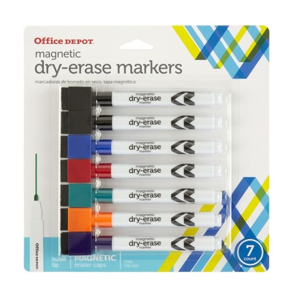 Magnetic Dry-Erase Markers With Erasers, Assorted Colors, Pack Of 7