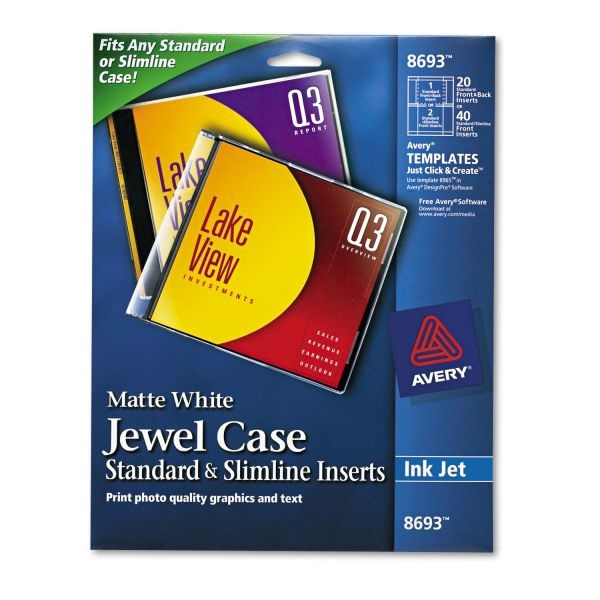 Avery Inkjet Cd/Dvd Jewel Case Inserts, Matte White, 20/Pack