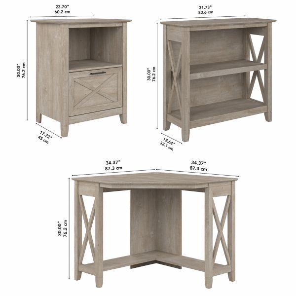 Bush Furniture Key West Small Corner Desk With Bookcase And Lateral File Cabinet In Washed Gray
