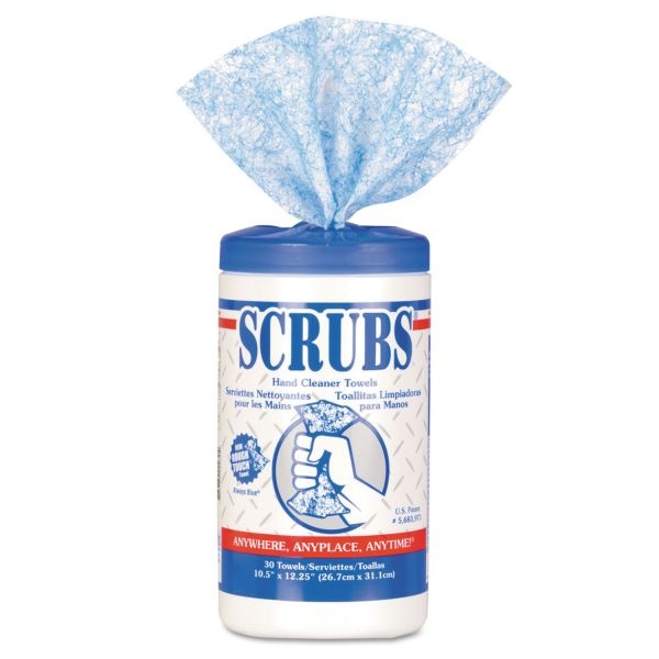 Scrubs Hand Cleaner Towels, 10 X 12, Citrus, Blue/White, 30/Canister