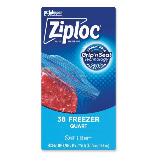 Ziploc Double Zipper Freezer Bags, 1 Qt, 2.7 Mil, 6.97" X 7.7", Clear, 9/Carton