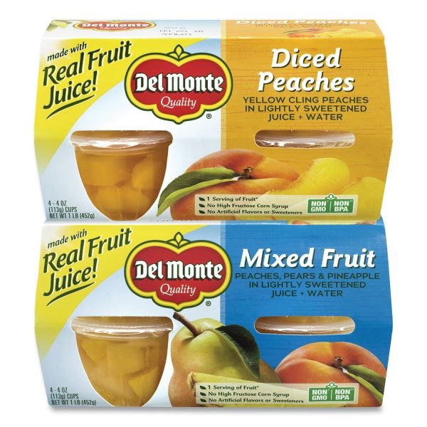 Del Monte Diced Peaches And Mixed Fruit Cups, 4 Oz Cups, 16 Cups/Box