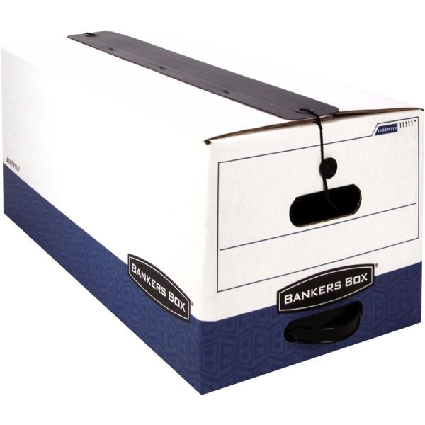 Bankers Box Liberty Plus Fastfold Heavy-Duty Storage Boxes With Locking Lift-Off Lids And Built-In Handles, Legal Size, 24" X 15" X 10", 60% Recycled, White/Blue, Case Of 12
