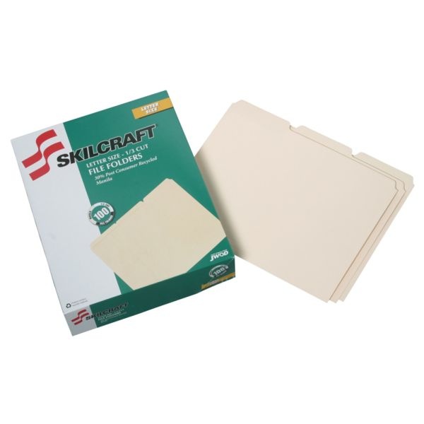 Skilcraft File Folders, 1/3 Cut, Letter Size, 30% Recycled, Manila, Pack Of 100
