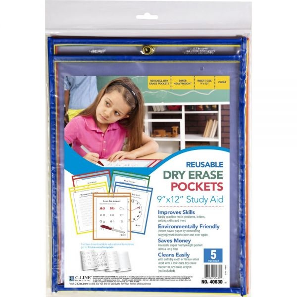 C-Line Reusable Dry Erase Pockets, 9 X 12, Assorted Primary Colors, 5/Pack