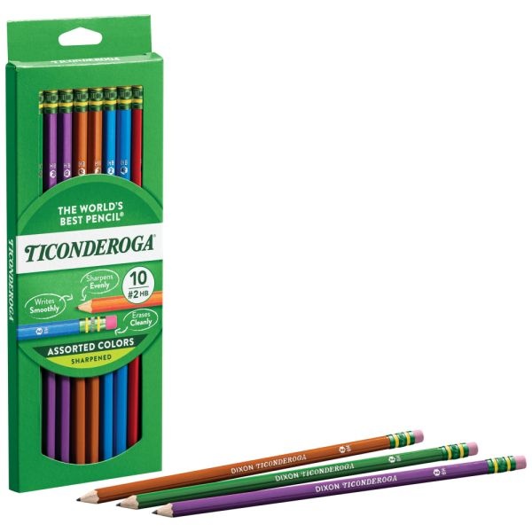 Ticonderoga Pencils, #2 Soft Lead, Assorted Barrel Colors, Box Of 10