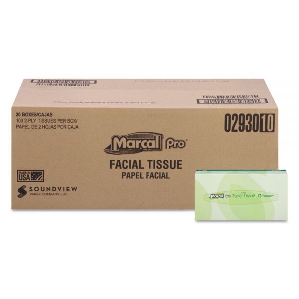 Marcal Pro 100% Recycled Convenience Pack Facial Tissue, Septic Safe, 2-Ply, White, 100 Sheets/Box, 30 Boxes/Carton