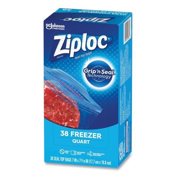 Ziploc Double Zipper Freezer Bags, 1 Qt, 2.7 Mil, 6.97" X 7.7", Clear, 38 Bags/Box, 9 Boxes/Carton